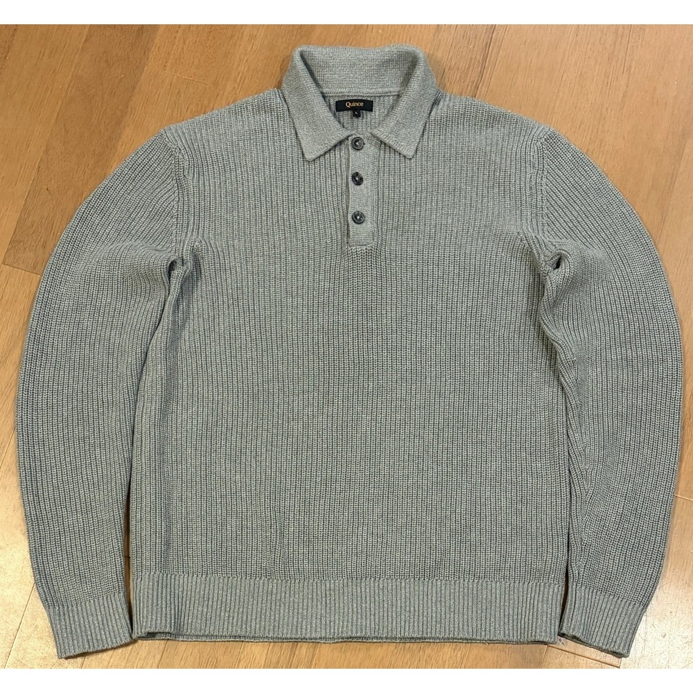 Quince Sweater 100% Organic Cotton Ribbed Polo Gray Large Textured Academia EUC